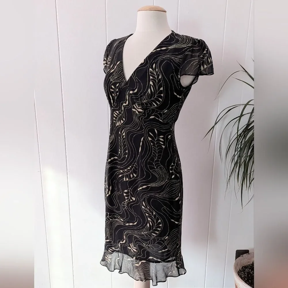 Vintage Black And Tan V-Neck Silk Dress By Maggy London Size 6 - Picture 1 of 6